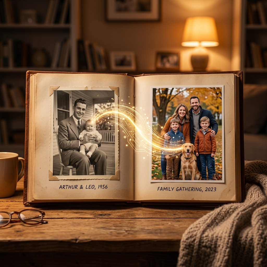 Álbum familiar con fotos antiguas y modernas unidas por IA